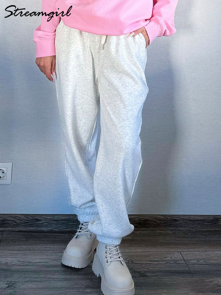 หนา Sweatpants ผู้หญิงฤดูหนาวขาตรงกางเกงขนแกะเอวยางยืดสีเทากํามะหยี่กางเกงกางเกงขนแกะสําหรับสตรี