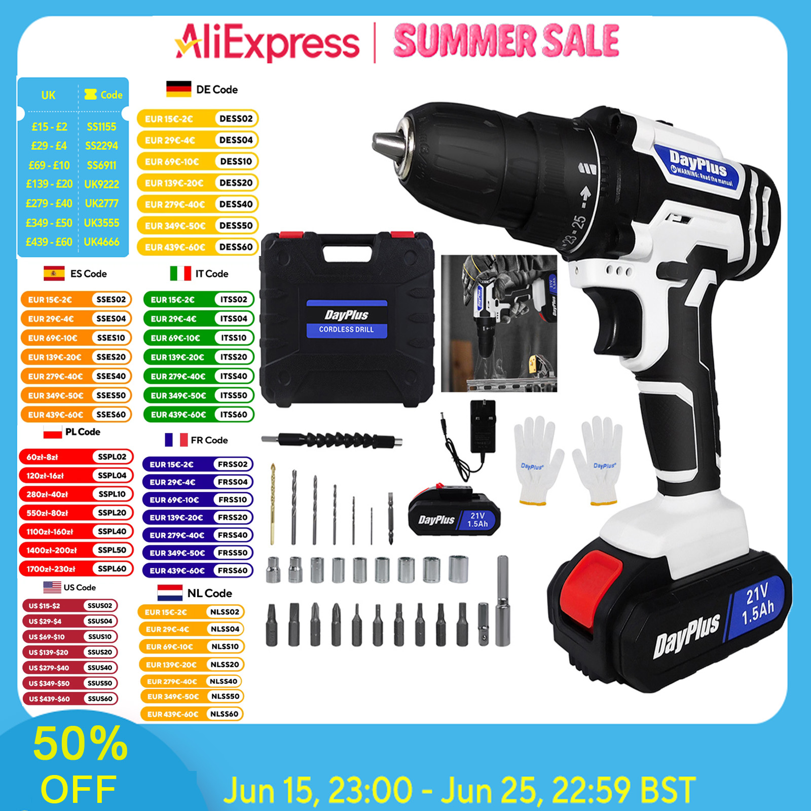 21V Portable Cordless Power Drill Set Impact Screw Driver with 1500mAh Li-Ion Rechargeable Battery 25+1 Torque Setting 45N.m