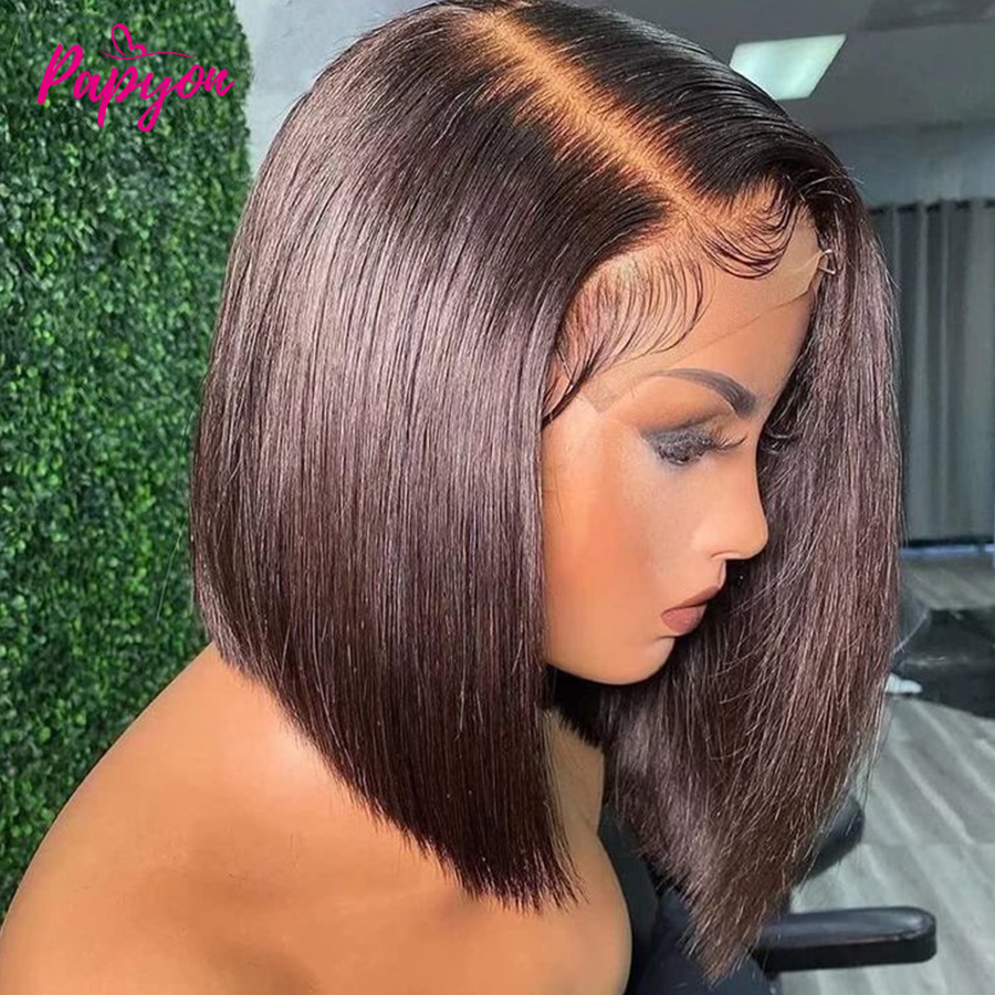 Peluca de Bob corto de cabello humano brasileño Frontal de encaje recto 13x6 para mujeres pelucas Bob delanteras de encaje transparente recto 8-14 pulgadas
