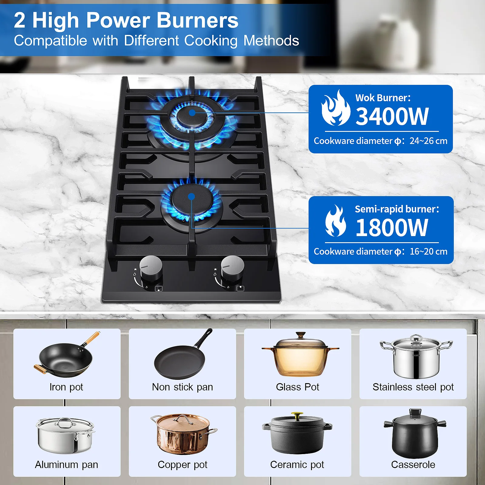 Fogão a gás com 2 queimadores com certificação UE 30 cm de vidro temperado |   Embutido com rack de ferro fundido combustível duplo (NG/GLP) 5200W falha de chama preta