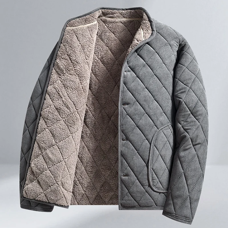 Jaqueta de inverno masculina à prova de vento espessada acolchoada jaqueta casual diamante quente velo forrado casaco de meia-idade pai sólido ao ar livre wear