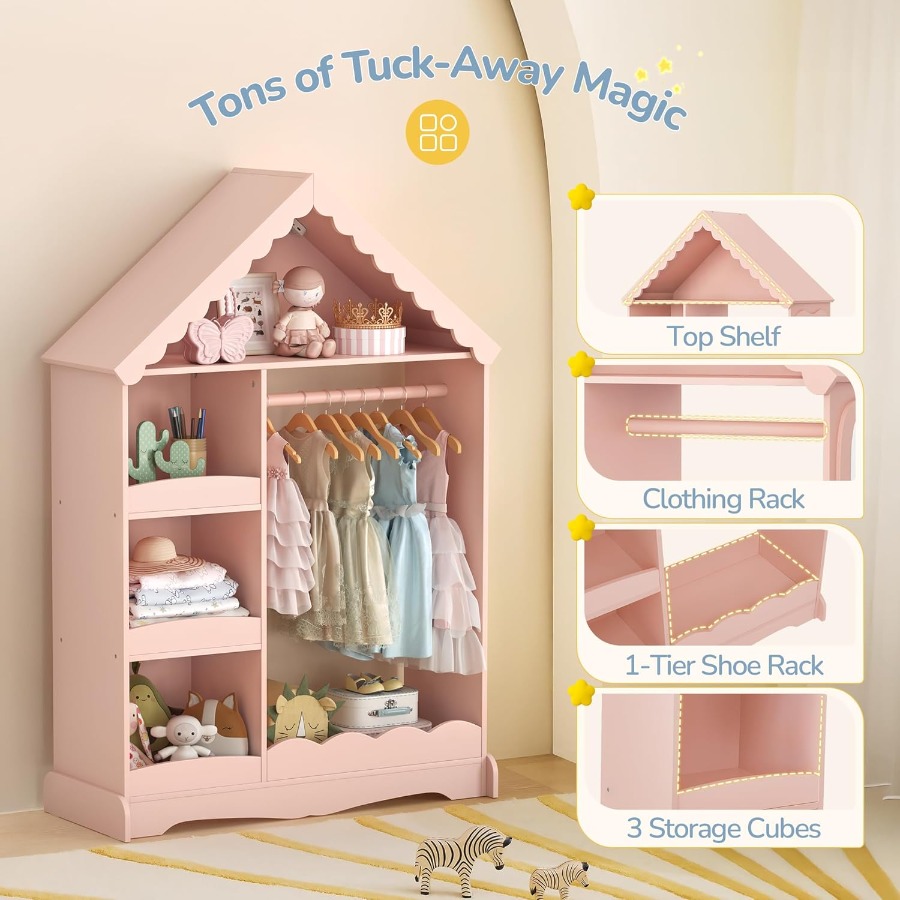 Pink Dollhouse Dress Up Storage with Full-Length Mirror and Motion Sensor Light Open Hanging Wardrobe Closet for Toddlers Costu