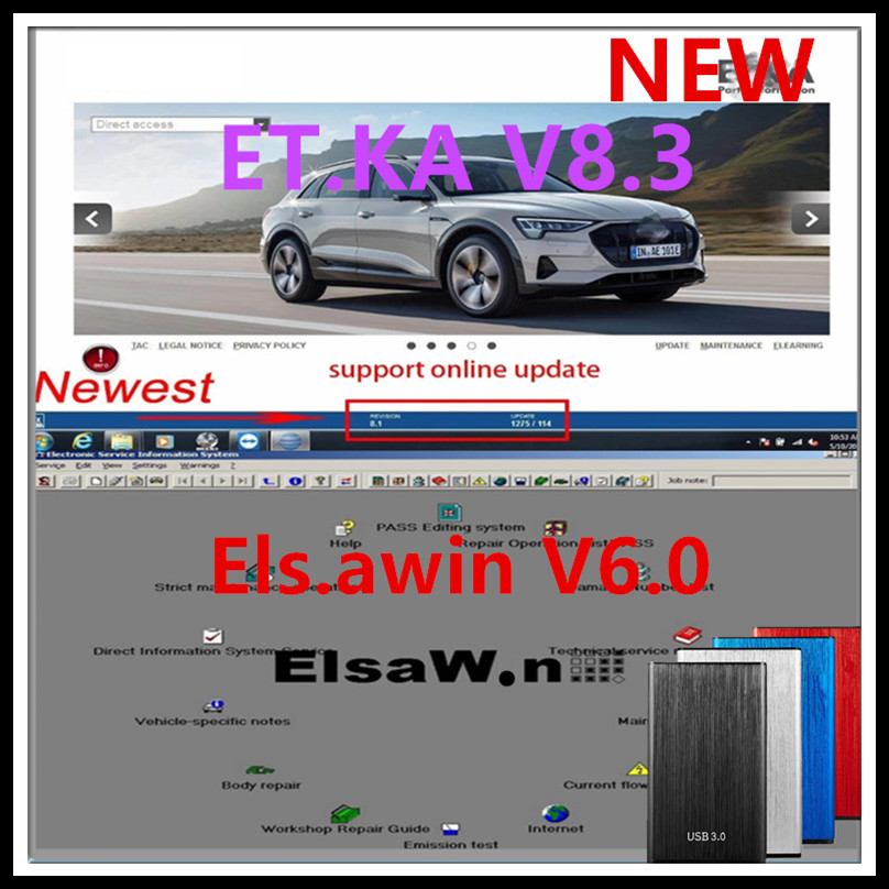 Newest  ELSAWIN 6.0+ Etka 8 .3 for A-udi for V-W Auto Repair Software Group Vehicles Electronic Parts Catalog free help install