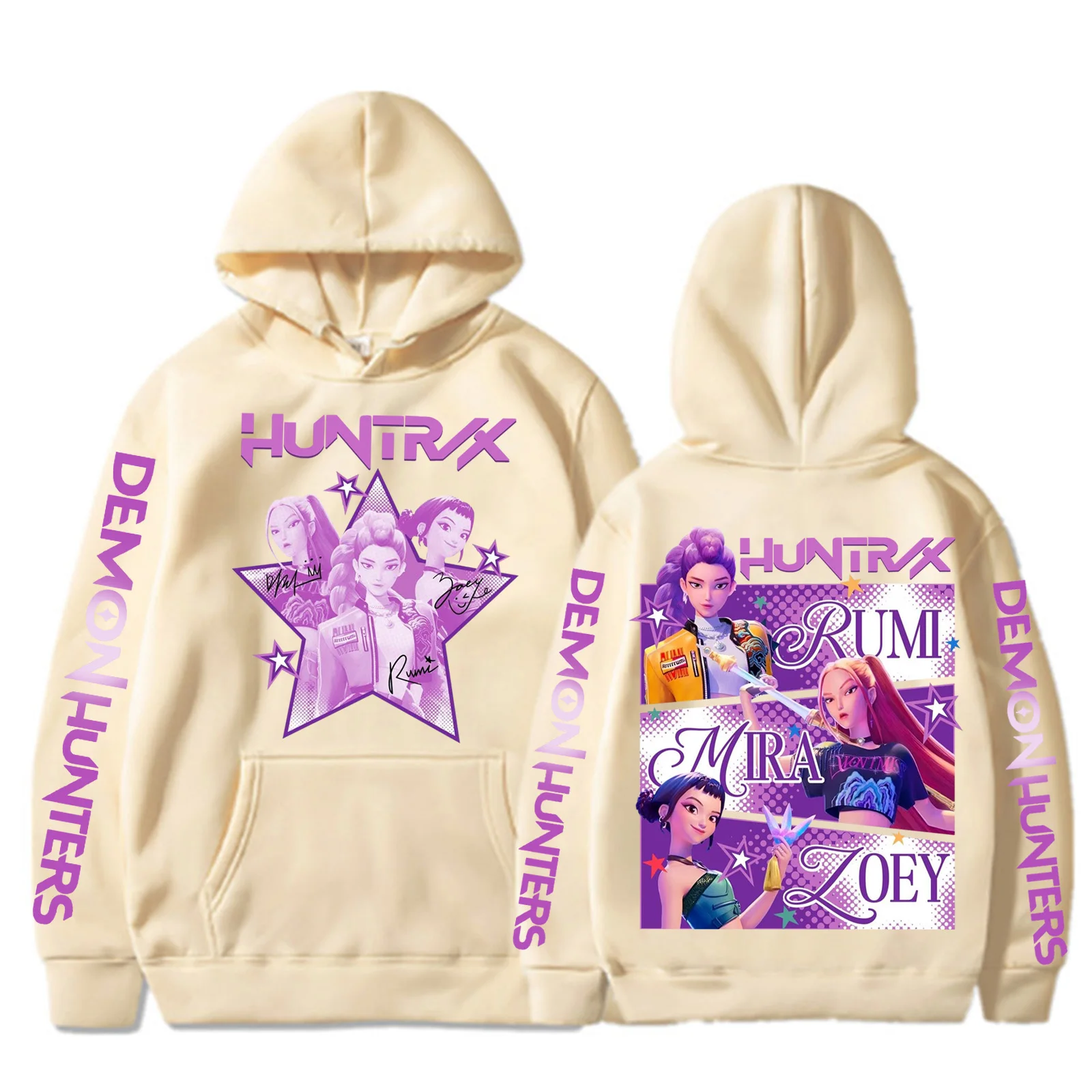 Harajuku kpop caçadores de demônios gráfico hoodie mira rumi zoey huntrix impressão com capuz pulôver homem mulher fãs presente moletom casual