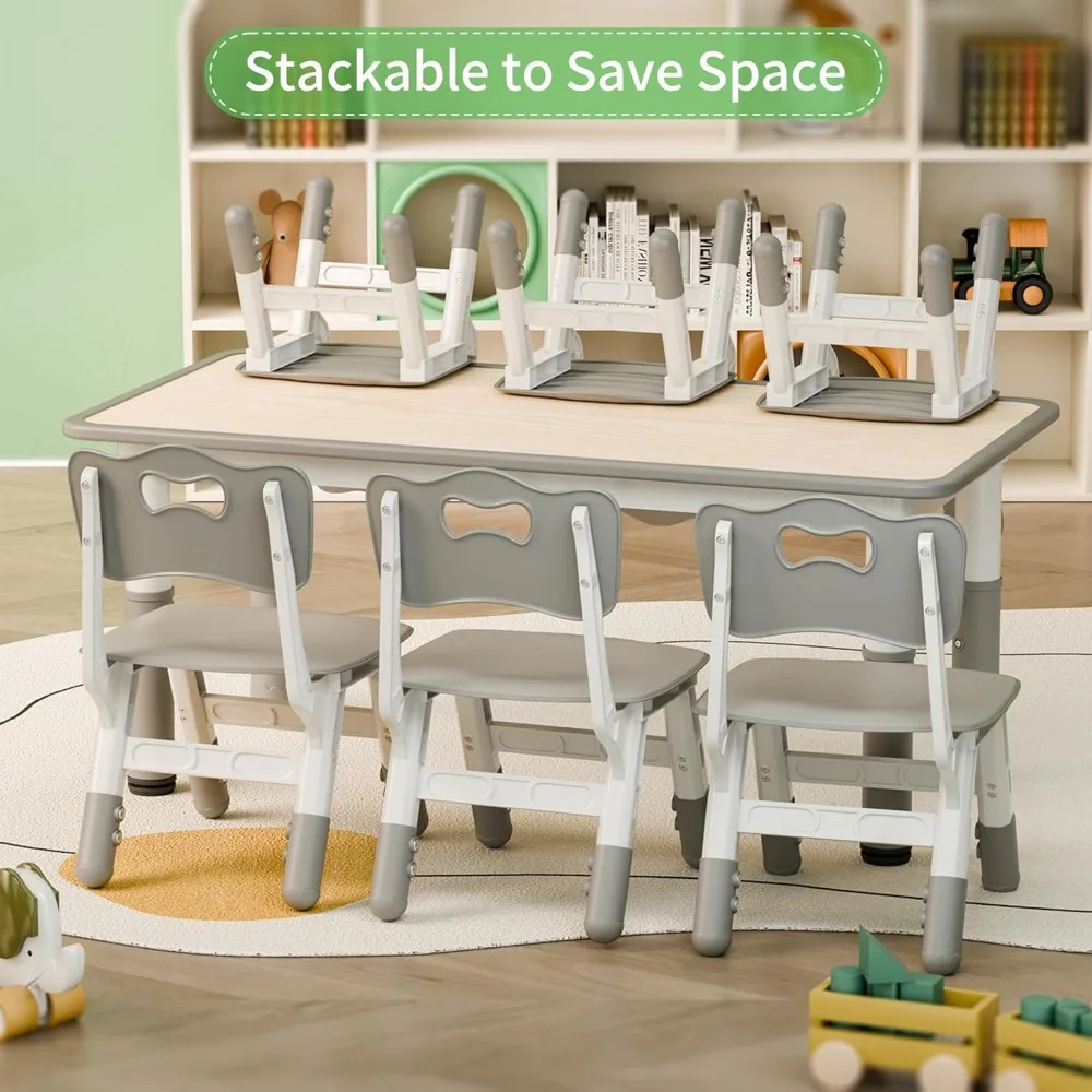 48 Inch Children's 1 Table and 6 Chairs Set, Children's Table and Chairs Set, Toddler Table and Chairs Set, Height Adjustable