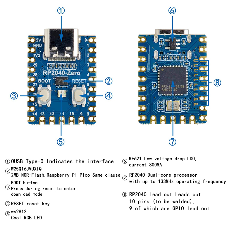 1-10 Uds RP2040-Zero RP2040 para microcontrolador Raspberry Pi Placa de desarrollo PICO procesador Cortex M0 + de doble núcleo 2MB Flash