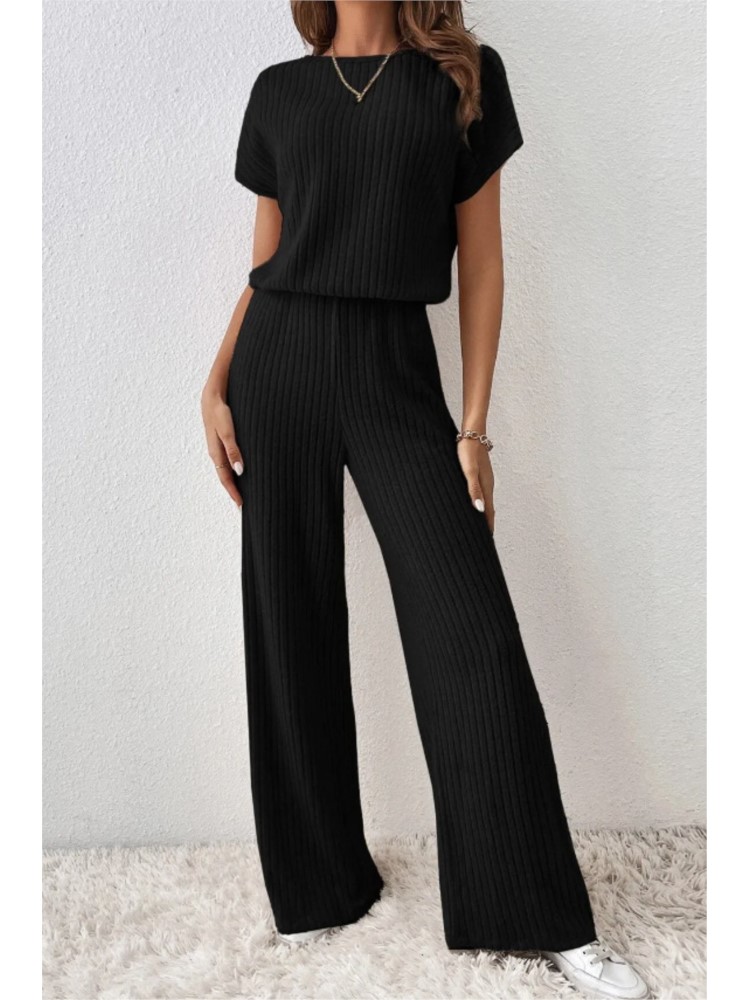 女性春秋の新コレクション無地ファインピットストリップファッションショルダー半袖ニットセットトップパンツ 2 点セット