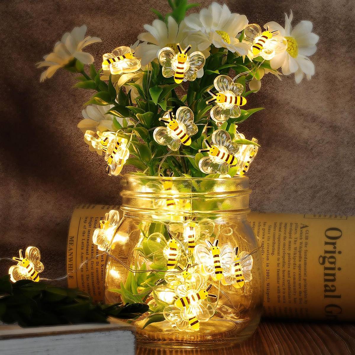 1 pacote de luzes de abelha a pilhas luzes da corda de abelha para plantas do quarto pátios festa casamento natal luzes decorativas da corda