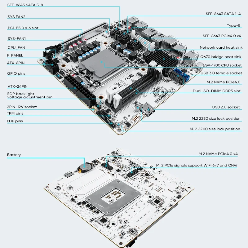 Материнская плата Q670 ITX NAS LGA1700, 8x SATA + 6x M.2 NVMe, PCIe 5.0 x16, Dual DDR5, 2x 2,5G LAN, брандмауэр/серверная плата Mini-ITX