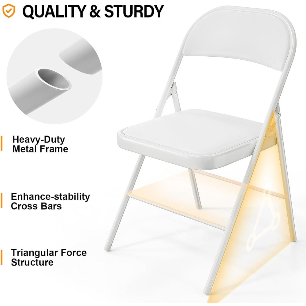 4 Pack Folding Chairs with Padded Seats, Metal Frame with Pu Leather Seat & Back, Capacity 350 lbs, White