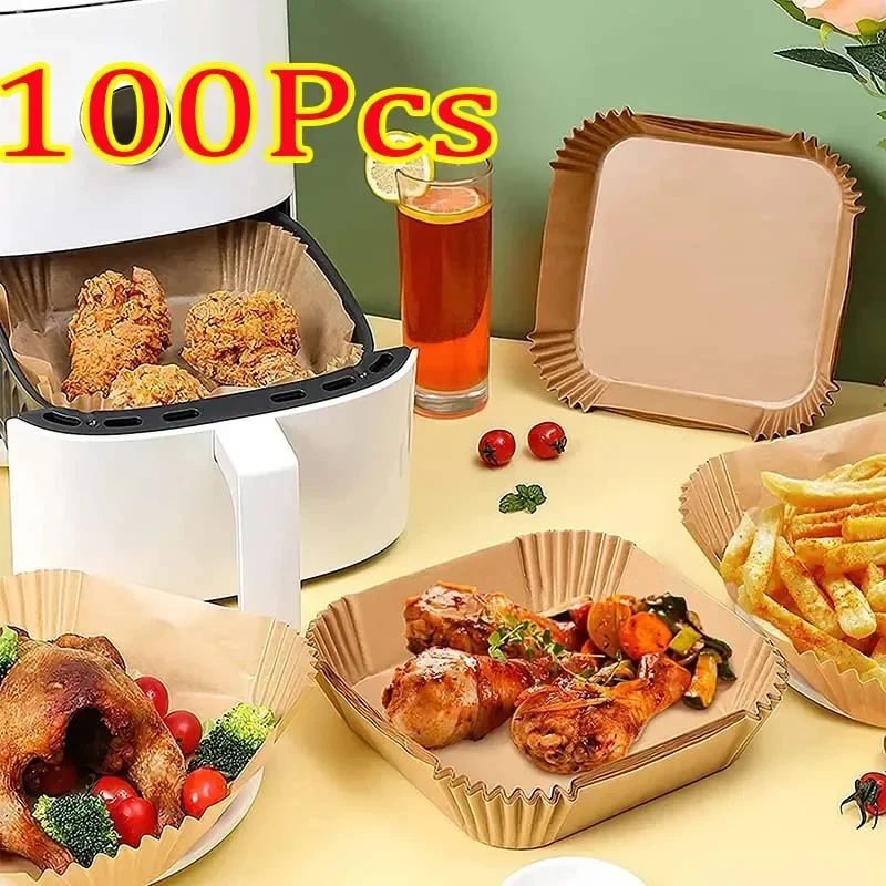 50/100 Uds. Papeles cuadrados para freidora de aire, papel desechable antiadherente, freidora de aire grande, alimentos desechables, cocina casera, absorbente de aceite