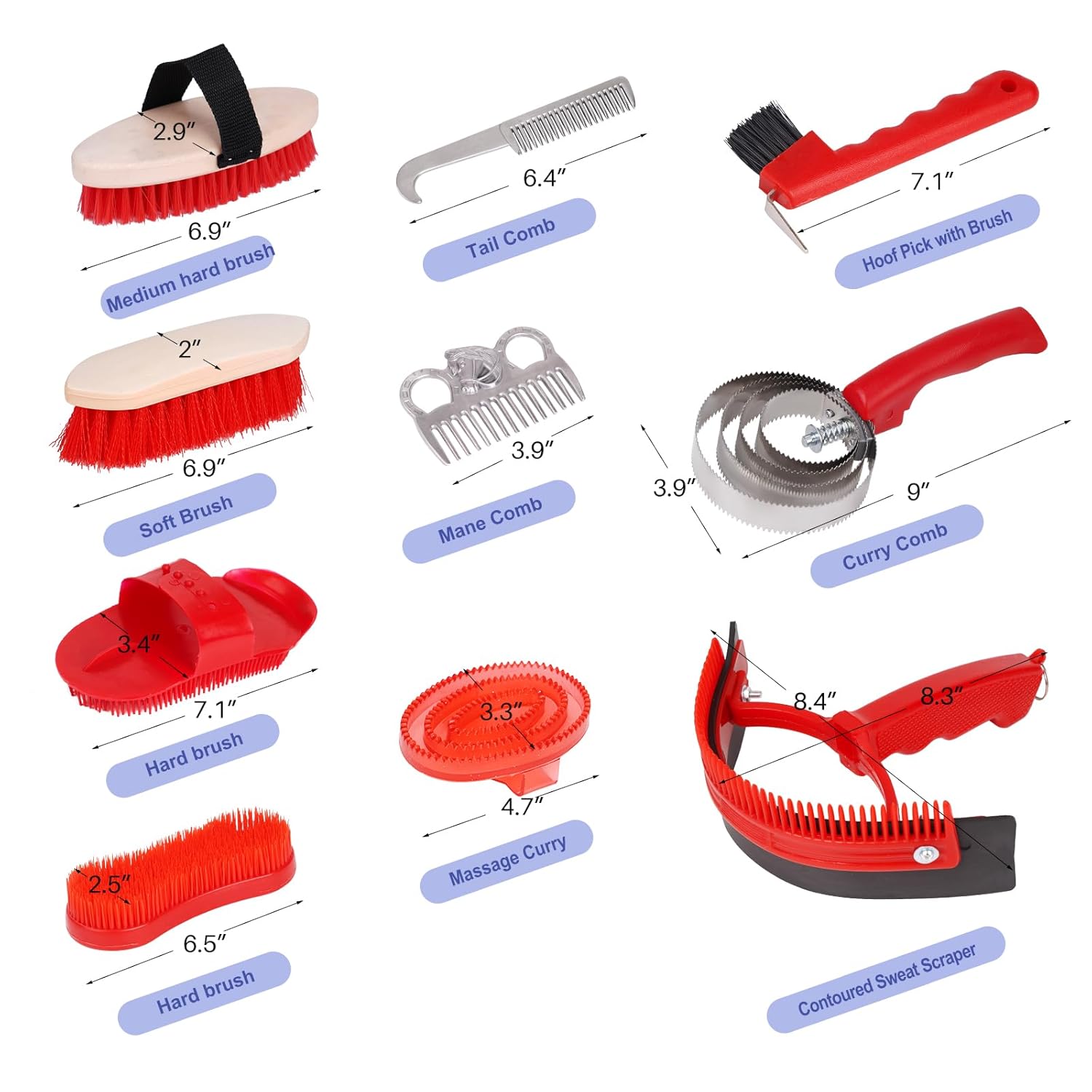 Juego de herramientas de cuidado de caballos, Kit de limpieza, peine de cola de melena, cepillo de masaje, raspador de sudor, recogedor de pezuñas, peine de curry, depurador