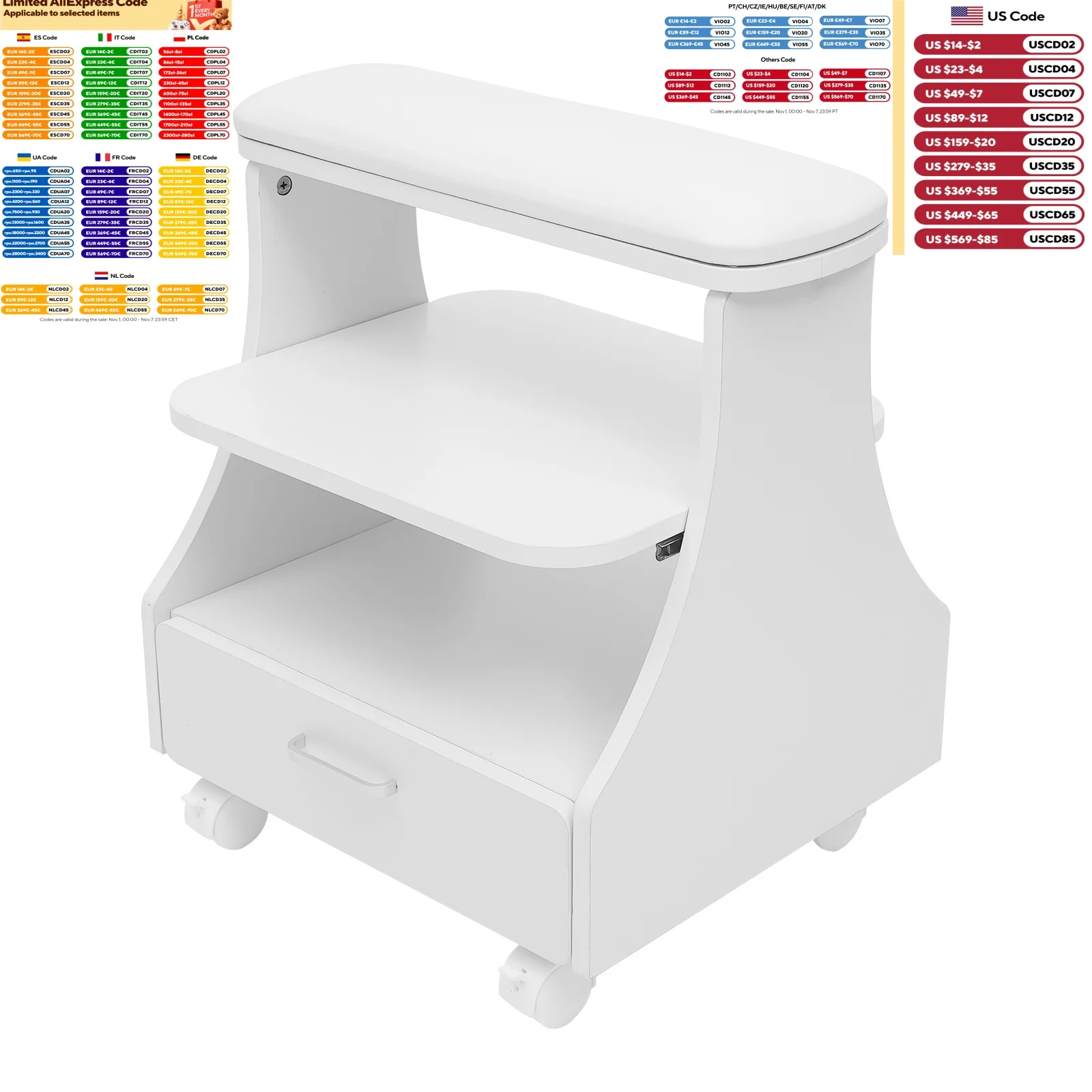 Poggiapiedi a 3 livelli Sgabello per manicure Carrello per pedicure Carrello per pediluvio con 4 rotelle per negozi di saloni di bellezza 50 kg Bianco/Nero/Rosa