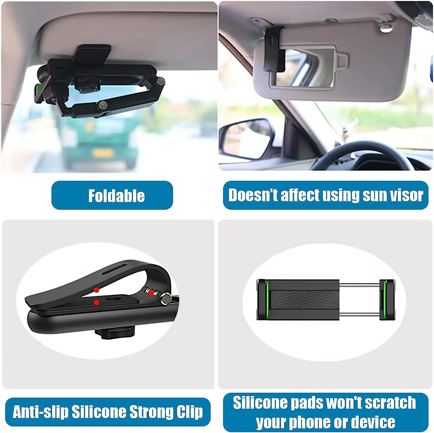 Suporte de telefone para viseira solar para carro multifuncional 360 °   Suporte giratório para celular com viseira solar com iPhone/Samsung/Android