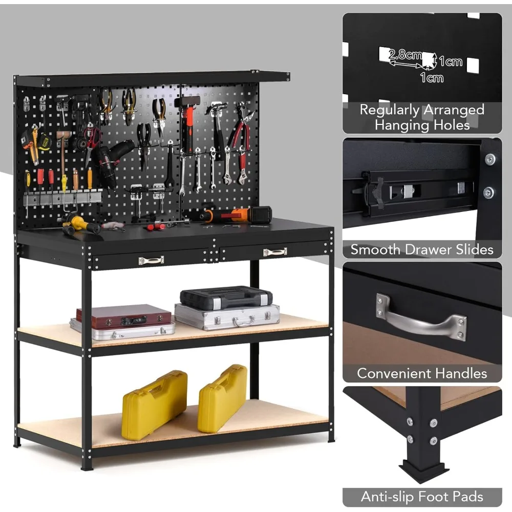 Workbench with Pegboards, with 4 Shelves Topping Space 2 Drawers 24 Hanging Accessories & Robust Metal Frame, Workbenches