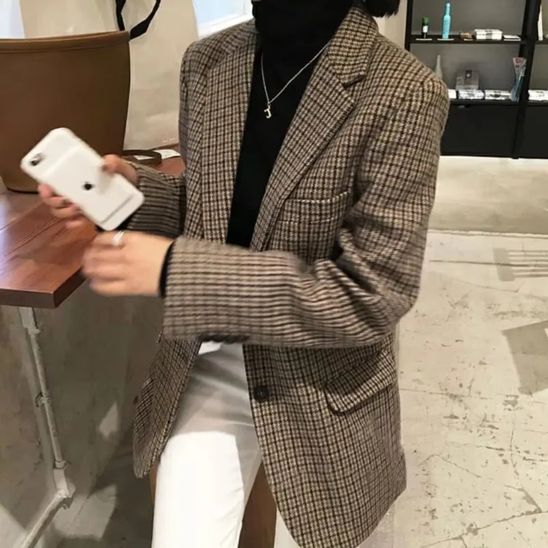 Retro Plaid Wolle Anzug Jacke Frauen Kleidung 2024 Frühling Herbst Große Größe Blazer frauen Fett Mm Schlank Karierten Anzug neue In Mantel