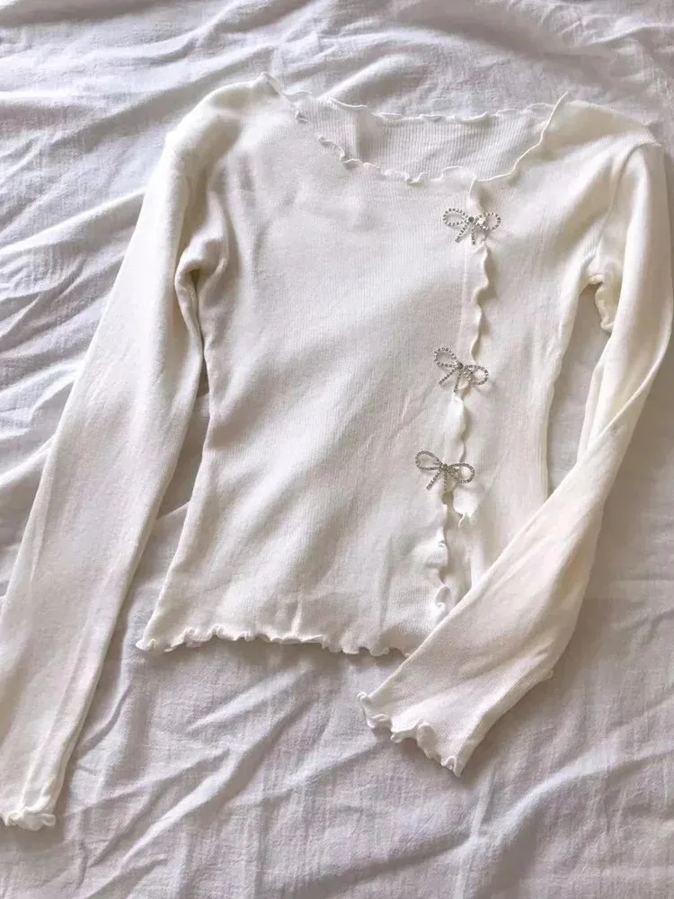 สีดํา/สีขาวผักกาดหอม Trim Bowknot เสื้อกันหนาว Y2K เสื้อลําลองแขนยาวสําหรับฤดูใบไม้ผลิและฤดูใบไม้ร่วงผู้หญิงเสื้อผ้า