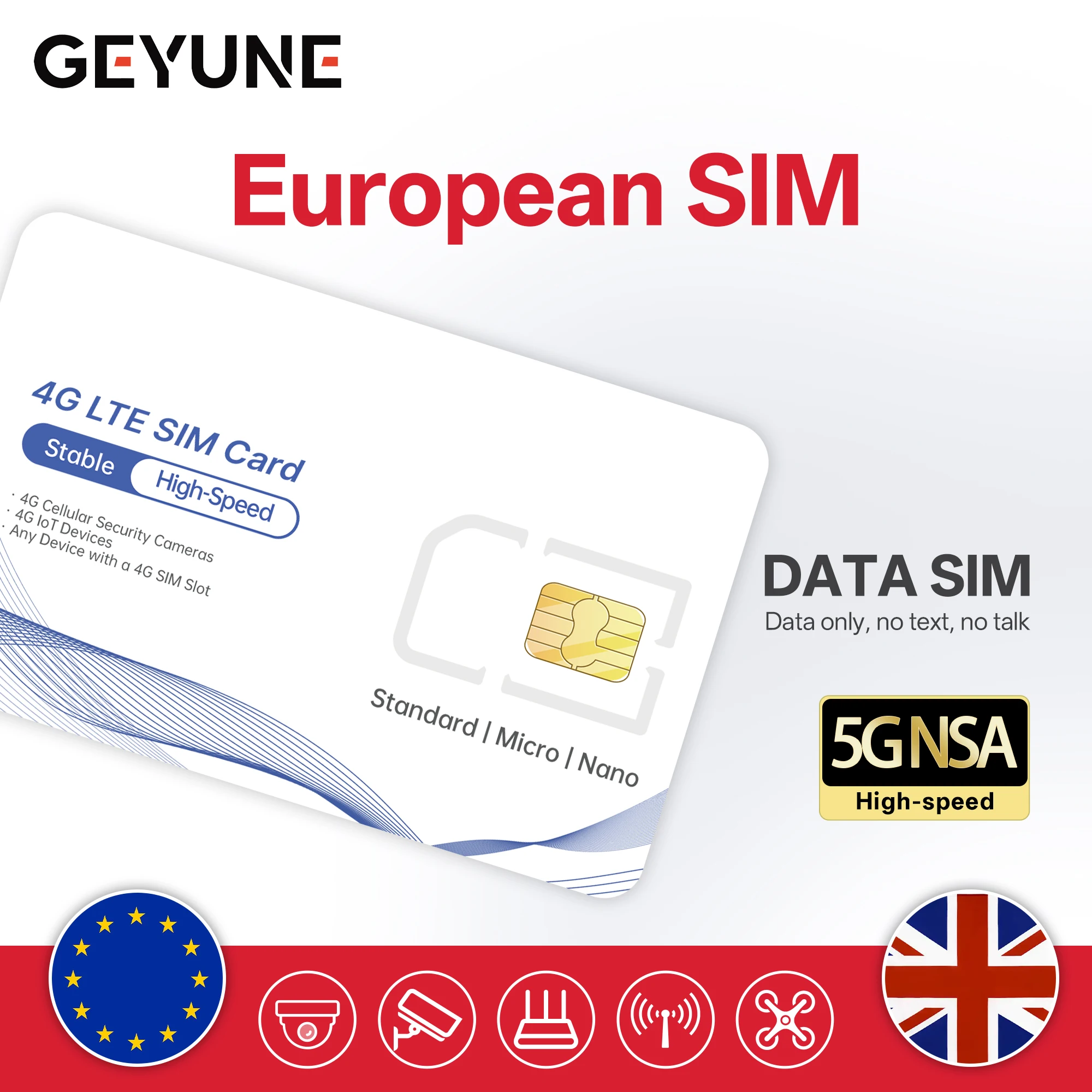 Karta SIM z przepustnią danych na preopłatę w Europie, pokrycie obsługą w krajach Europy/UK, szybki internet 5G/4G LTE, oferta SIM tylko z przepustnią danych do kamer 4G i podróży