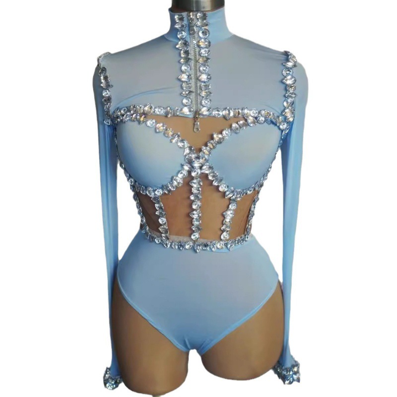 Sprankelende strass onesie met Diamond Muse BH - Hoog elastisch podiumprestatiepak voor verjaardagsfeestje en leaddanskostuum