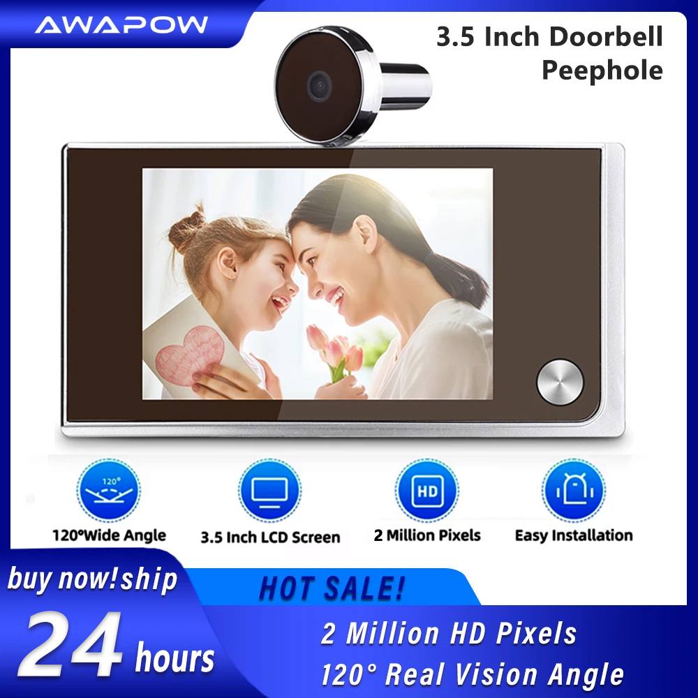Awapow Cámara de puerta digital con visor de mirilla y timbre de 3,5 pulgadas 120 °   LCD 2 millones de píxeles HD ojo de gato timbre de puerta monitor al aire libre