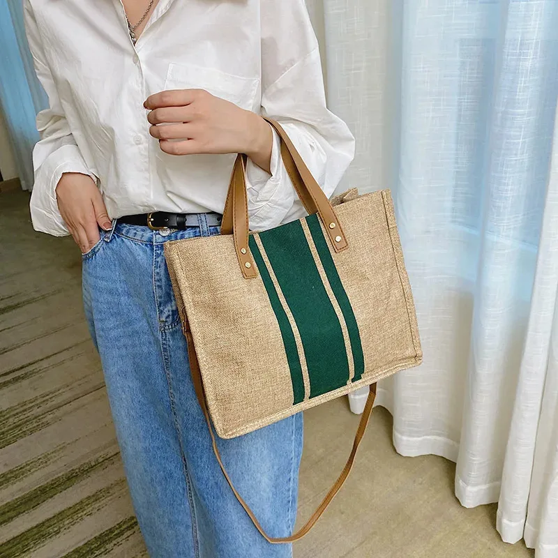 Eenvoudige damestas met grote capaciteit, casual schoudertas, canvas gestreepte decoratieve emmervormige handtas, handtas met handvat aan de bovenkant