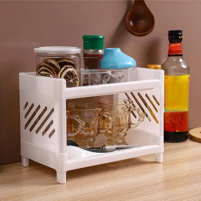 1PC PP Desktop Double Layer Storage Rack Rectangular White Organizing Student Desk Office Cosmetics Stationery