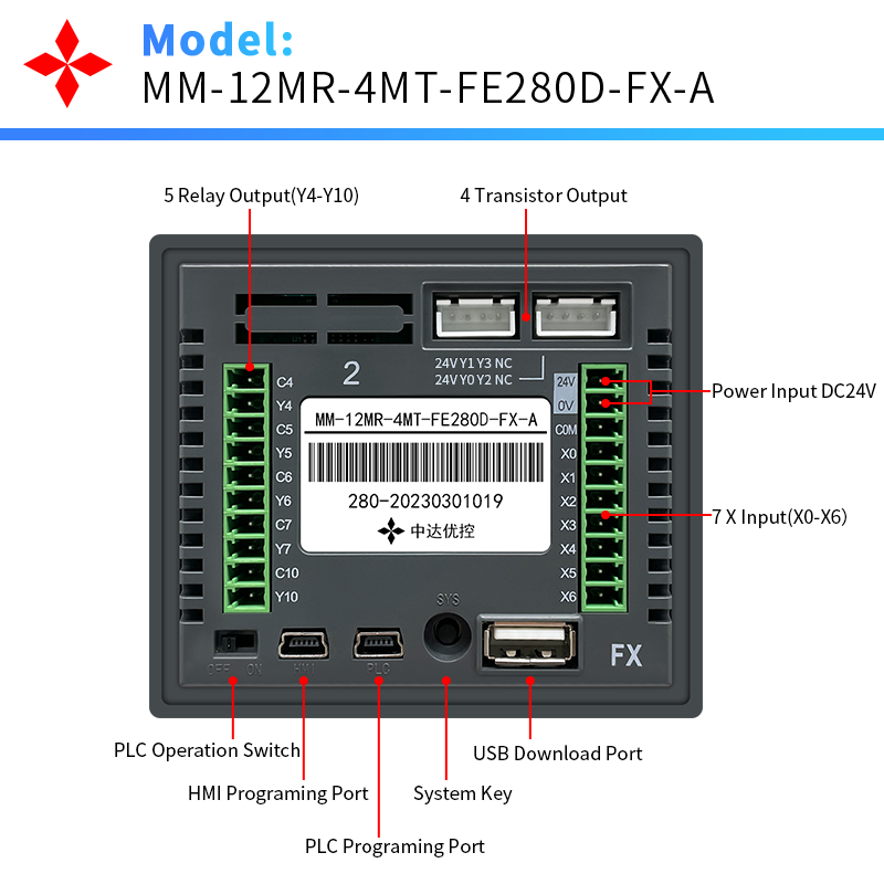 PLC HMI Integrated Programmable Logic Controller, 2.8'' Touch Screen Built-In Analog Signal Input and Output Wtih 2 Pulse 100K