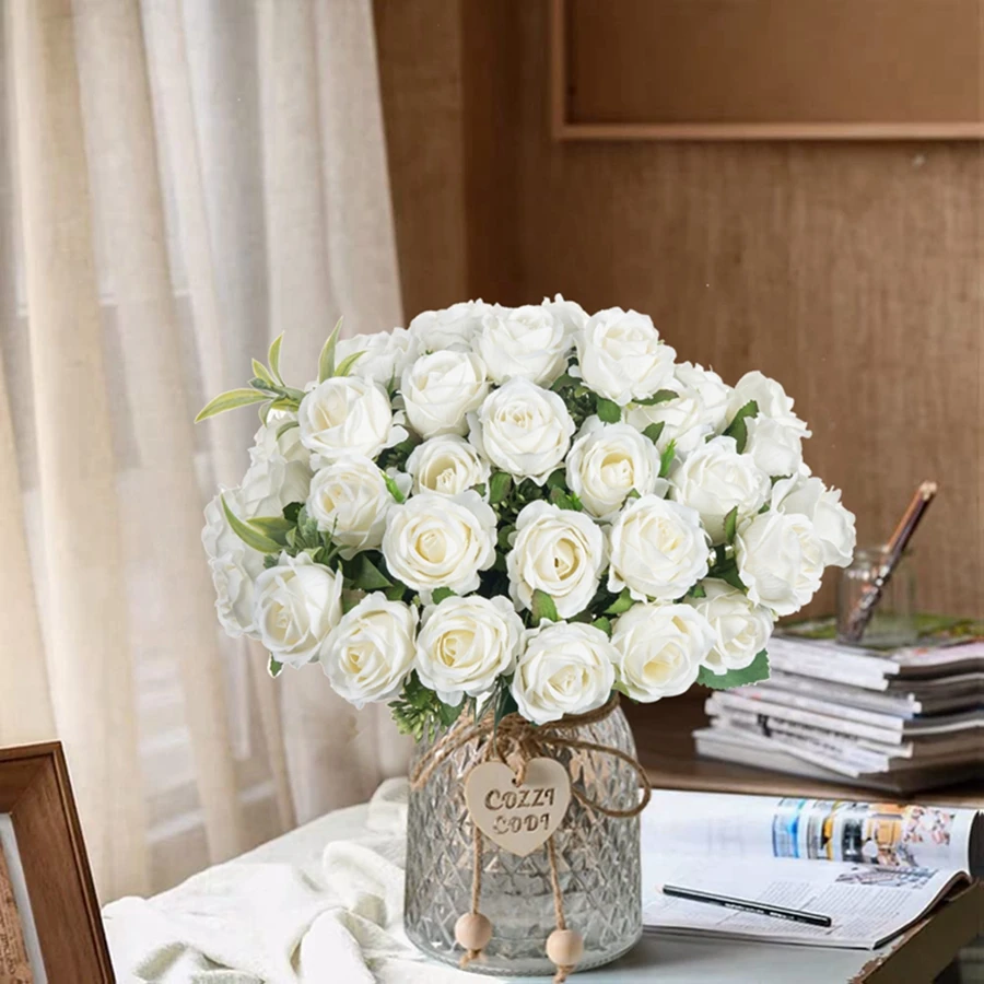 Flor Artificial de diez cabezas de seda, paquete de rosas blancas, álbum de recortes, San Valentín, boda, Fiesta en el jardín al aire libre, decoración de jarrón para habitación familiar