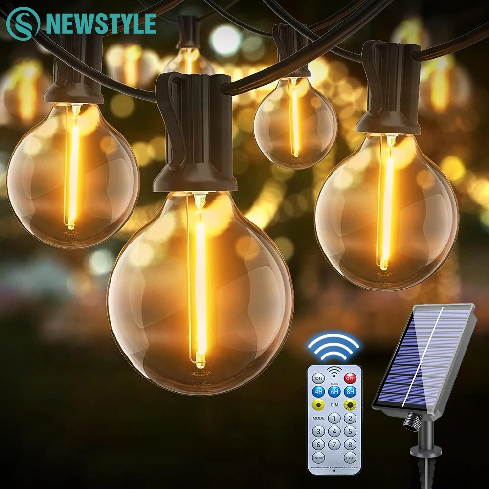 LED G40 Solar-Lichterkette mit Fernbedienung und wetterfesten Kugelbirnen, Solar-Ladegirlande, Lichterkette für Gartendekoration