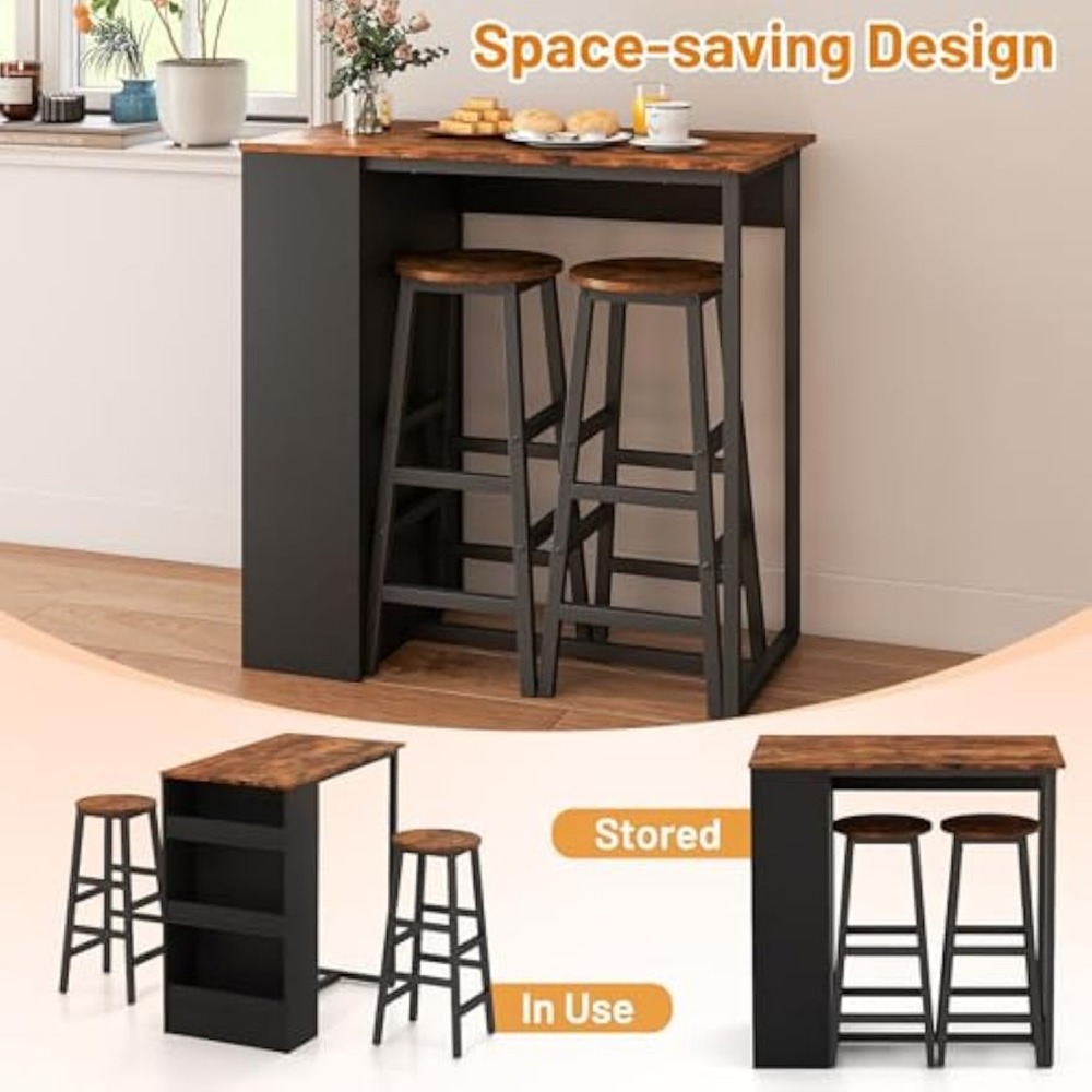 3-Pieces Bar Table Set, Rectangular Dining Table and 2 Chairs with Storage Shelves, Kitchen Set for Small Space, Breakfa Nook