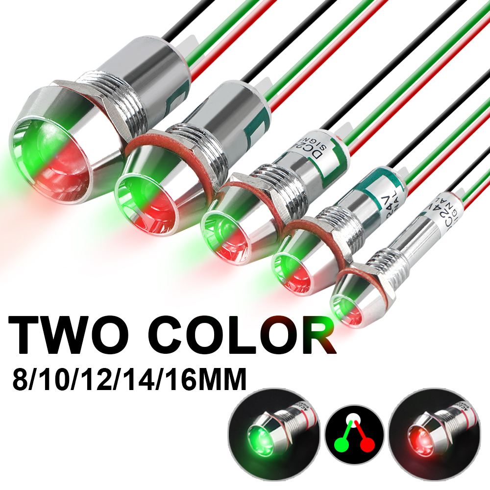 Lámpara de señal de luz indicadora de Metal de dos colores con cable LED impermeable verde rojo 3V 6V 12V 24V 110V 220V 8MM 10MM 12MM 14MM 16MM