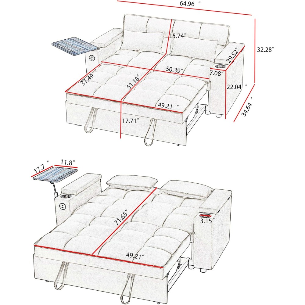 65'' 3-in-1 Folding Convertible Sofa Bed, Queen Size Pullout Sofa, Modern Chenille Fabric, 360° Swivel Side Table, Easy Assembly