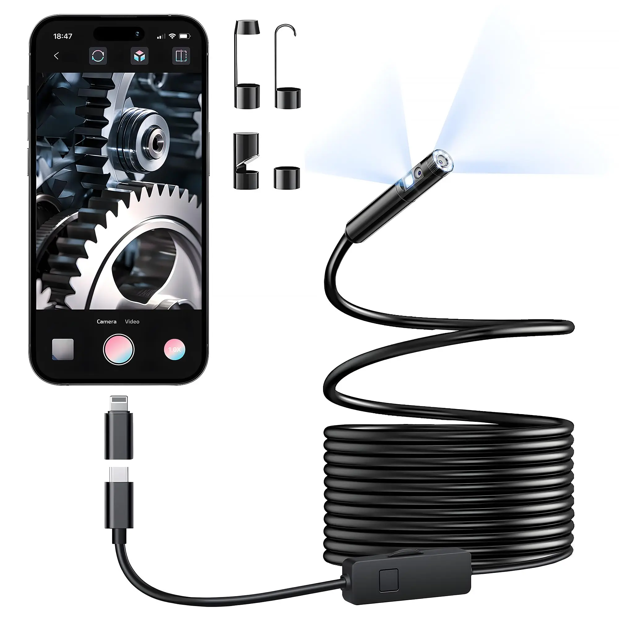 KERUI Telecamera per endoscopio con obiettivo singolo/doppio per iPhone iPad IOS e Android Tipo-c Luce a led IP67 Periscopio Telecamera per ispezione industriale