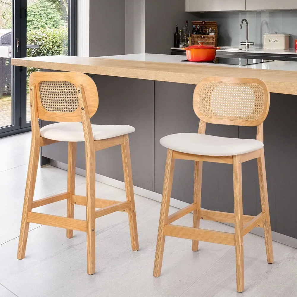 Rattan Bar Stools Set of 3, 25" Mid Century Modern Counter Height Stools, PU Leather Upholstered With Cane Back, Wood Nature