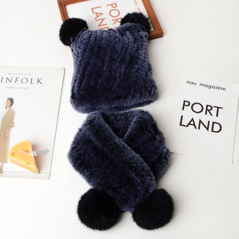 Conjunto de bufanda y gorro de piel de conejo Rex para niños, gorros tejidos a mano con pompones de zorro, gorro y bufanda de invierno para niños