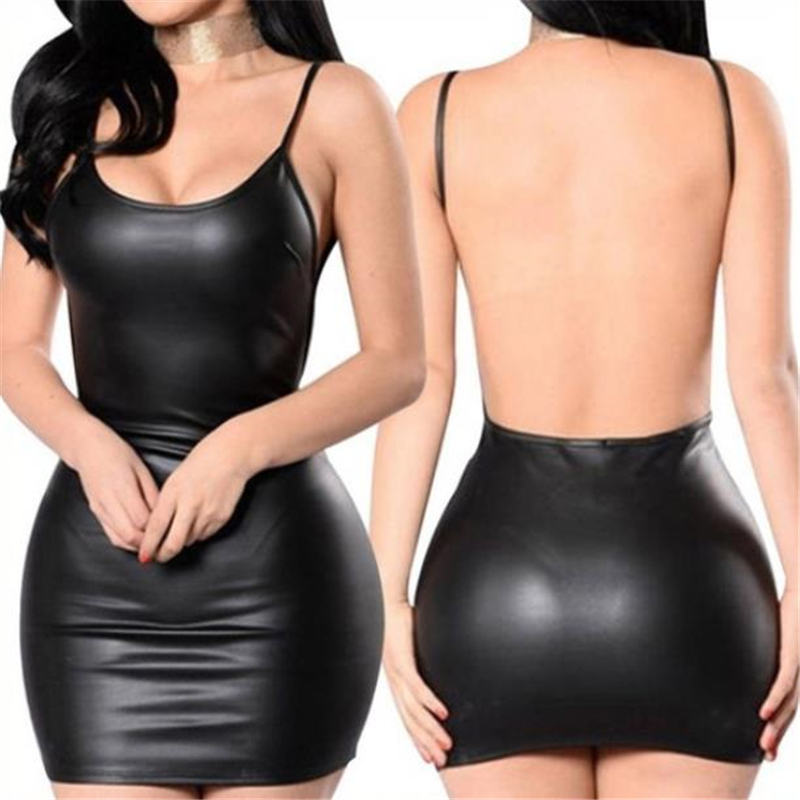Sexy Kunstlederkleid, rückenfrei, Club-Party, kurzes Kleid, einfarbig, schwarz, Wet-Look, Latex, figurbetont, Push-Up-BH, Mini-Mikro-Kleid