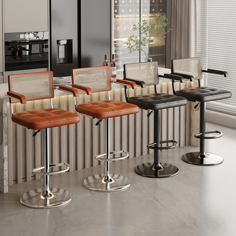Luxe Retro Bar Seat Adjustable Rattan Backrest Chair Swivel Front Desk Checkout Foot Stool Home Kitchen Island Dining Seat