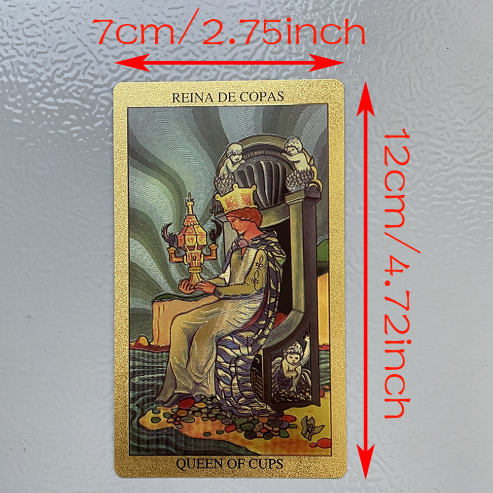 Spanische und englische Tarotkarten aus goldener Folie, 12 x 7 cm, Wahrsagerei-Prophezeiungsdeck für Anfänger mit zweistufigem Leitfaden-Taro