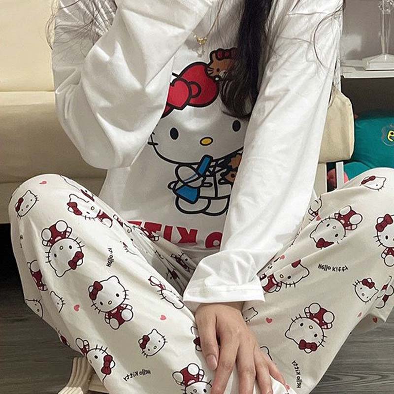 Kawaii Sanrios Hello Kitty Damen Pyjama Set Anime Cartoon Studenten Herbst Winter Polyester Langarm Mädchen Nachtwäsche Geschenk
