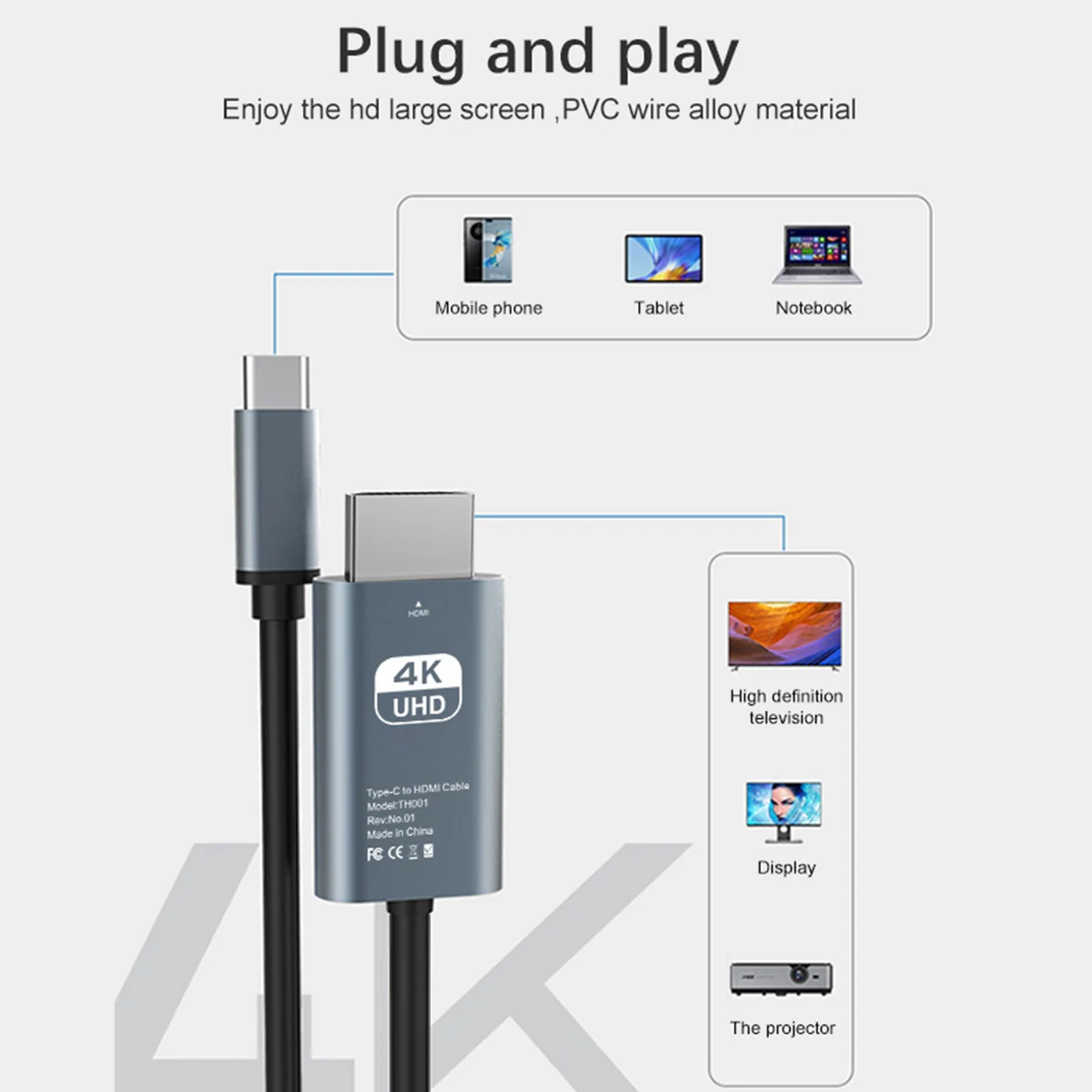 สาย USB C เป็น HDTV สำหรับ6.6FT สำนักงานที่บ้าน4K @ 60HZ USB Type C TO HDMI สาย Thunderbolt 4/3เข้ากันได้กับ iPhone 15 pro/max Mac