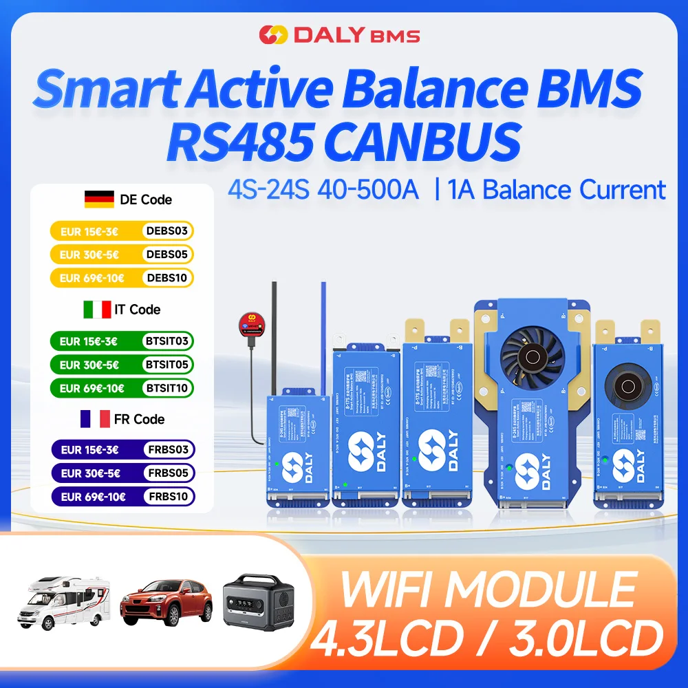 Daly BMS WiFi Active BMS 250 amperios for Lifepo4 4S 8S 24S 100A 150A 200A 500A Active Balance 1A Built-in BT 7S 24V 12V 48V