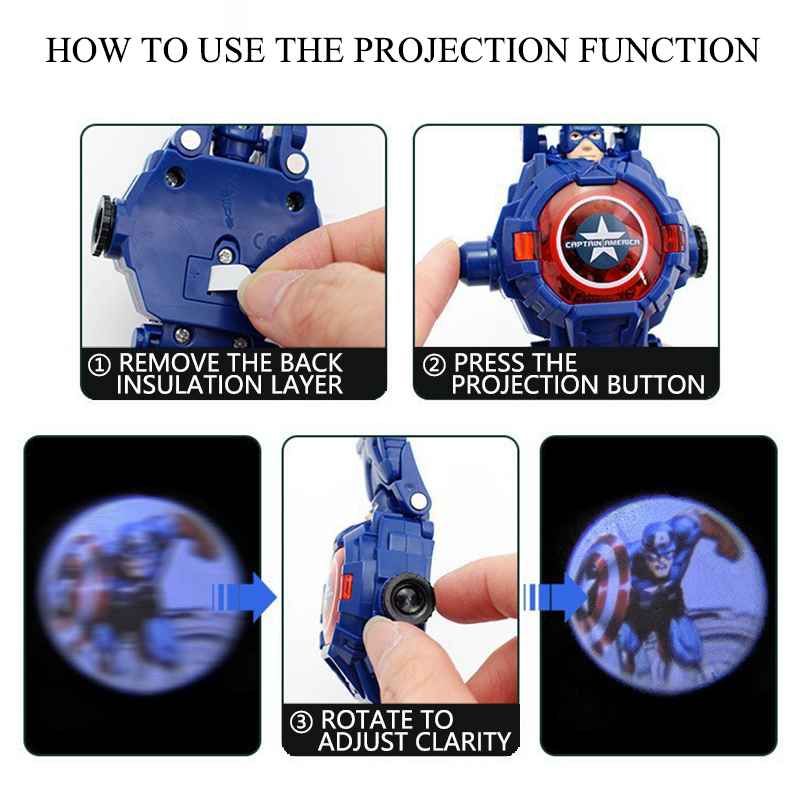 Disney 24 รูปแบบการฉายภาพ Spiderman นาฬิกาเด็กสําหรับ Boy Deformation Robot Projection นาฬิกาอิเล็กทรอนิกส์เด็กคริสต์มาส