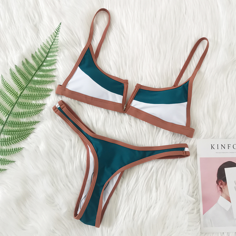 XS-XL v-bar Sexy Bikini string maillot de bain brésilien femmes Colorblock Vintage maillot de bain été Micro bleu vert maillot de bain Biquini