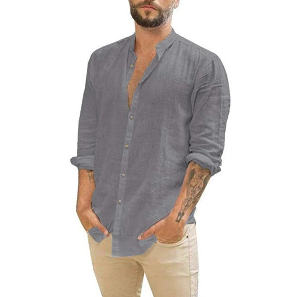 ผ้าฝ้ายลินินขายร้อนเสื้อแขนยาวผู้ชายฤดูร้อนสีทึบ Stand-Up COLLAR Casual Beach สไตล์ PLUS ขนาด