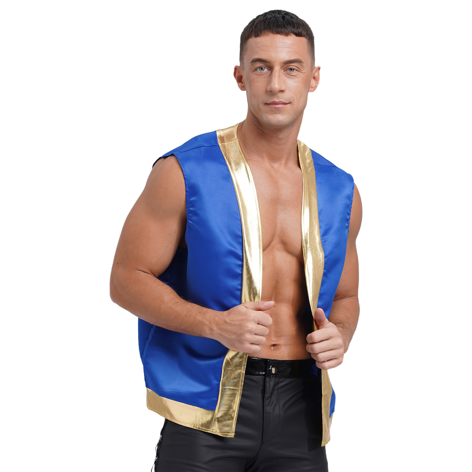 Herren Halloween Kröte Weste Cosplay Kostüme offene Front Metallic glänzende Trim Kontrast Weste Cartoon Kapitän Cosplay für Party