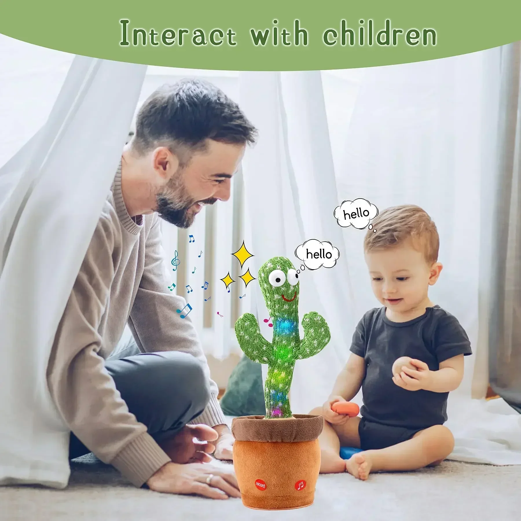 Um brinquedo de cacto falante recarregável dançarino cactus brilhante dança brinquedo de pelúcia eletrônico espanhol para crianças
