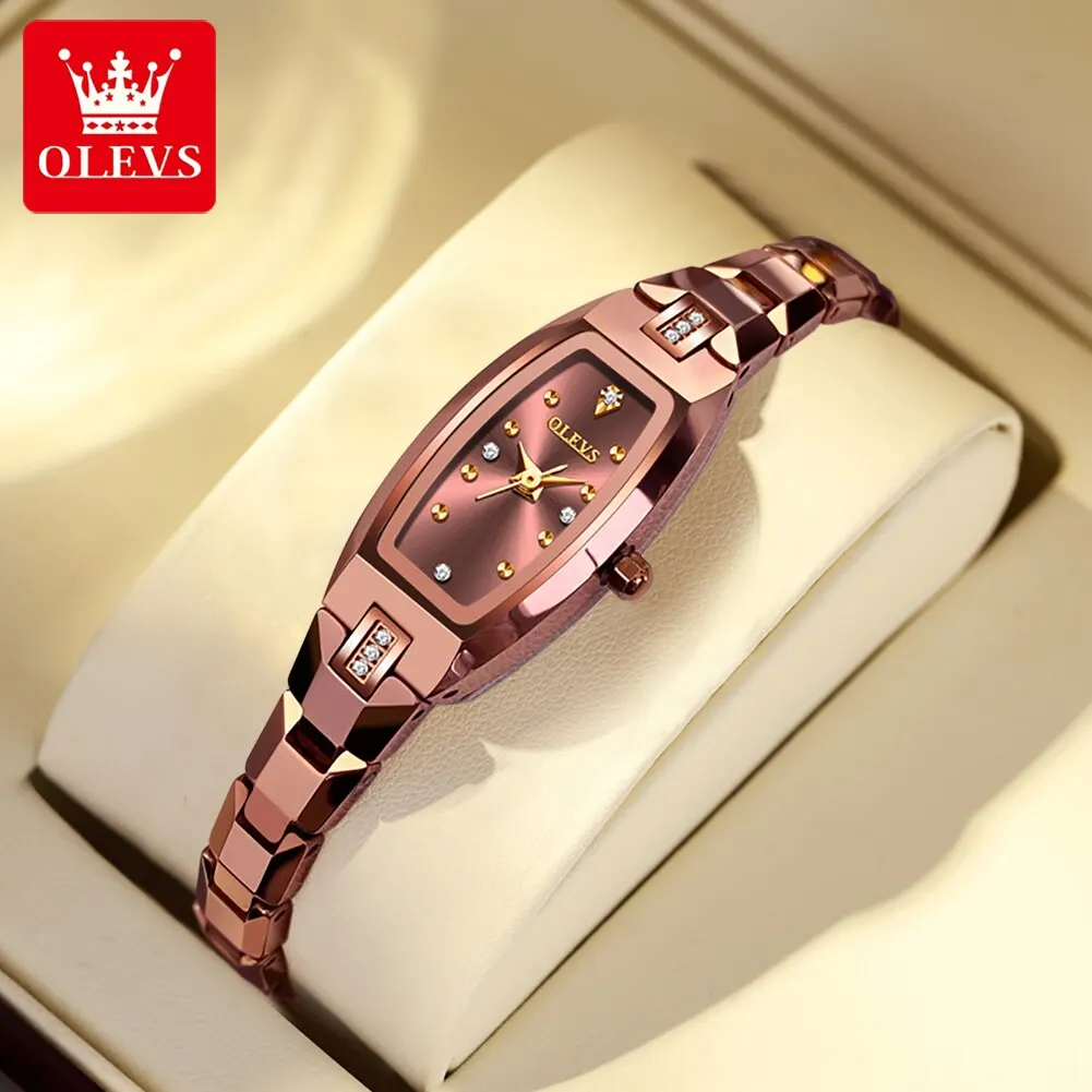 OLEVS นาฬิกาบางเฉียบสำหรับผู้หญิงหรูหราสายเหล็กทังสเตนรูปทรงสี่เหลี่ยมนาฬิกาควอตซ์เพชรสง่างาม