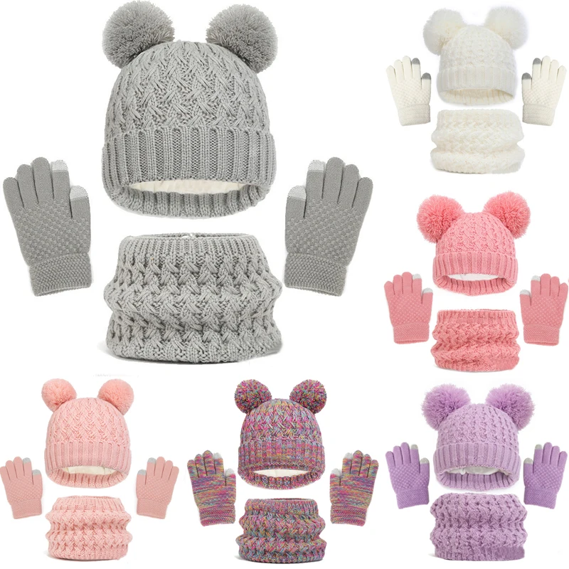 Gorro de invierno tejido para bebé, conjunto de 3 piezas, bufanda cálida, guantes, bufandas para el cuello para niño y niña, gorro bonito, guantes, traje para niños