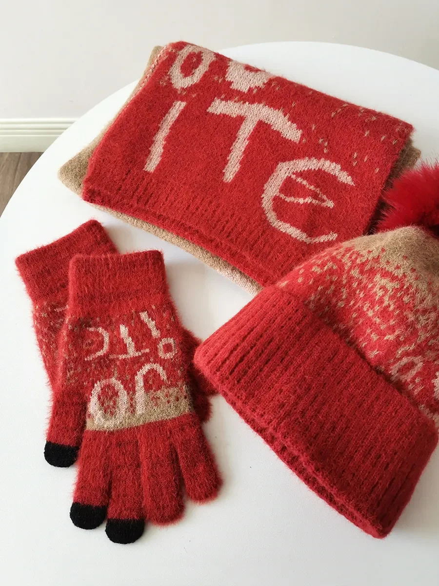 3 uds guantes de bufanda de punto de invierno para mujer conjunto de gorro forrado de lana cómodo suave Casual cálido conjunto de guantes rojos conjunto a prueba de viento al aire libre