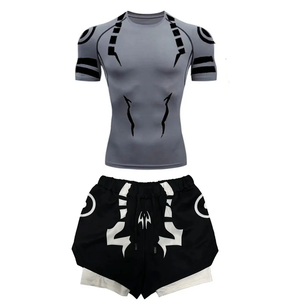 Conjunto de compresión para hombre, camisas de compresión para gimnasio de verano con estampado de Anime Jujutsu Kaisen + pantalones cortos de entrenamiento, conjunto deportivo transpirable de secado rápido